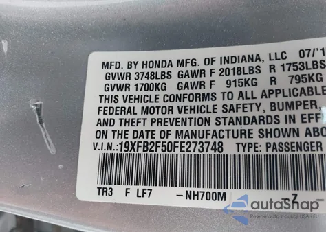 2015 Honda Civic Lx из США, поврежденный, VIN 19XFB2F50FE273748